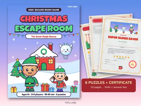 Christmas escape room cover with an elf and a snowy toy workshop