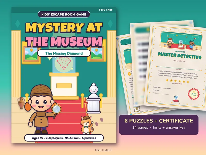 Museum escape room cover with a young detective and a diamond on a stand