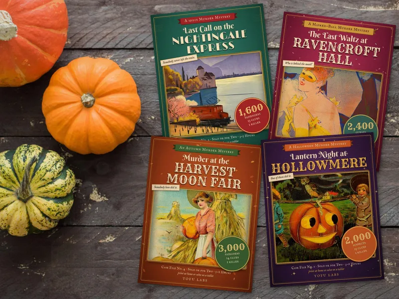 Four Find the Killer case covers fanned out on a table with pumpkins