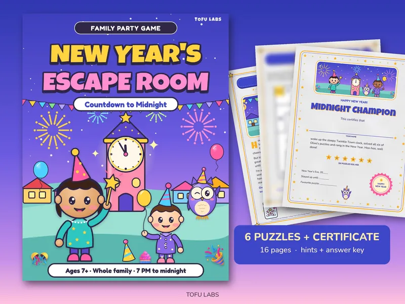 New Year's Eve escape room cover with a clock tower and fireworks