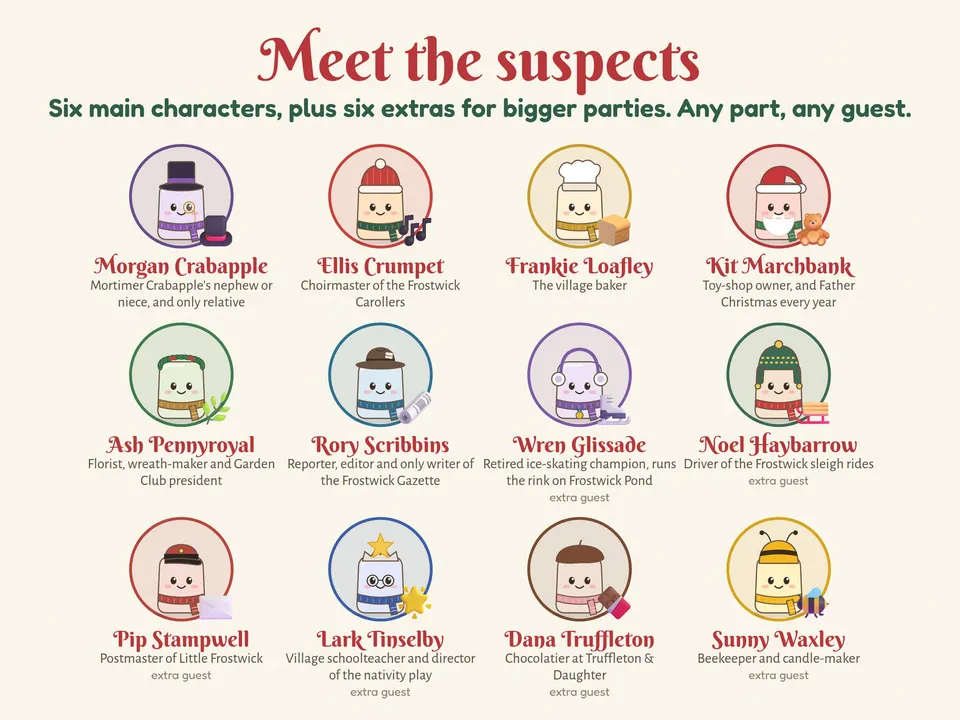 Twelve cute character portraits for Murder at the Robin & Kettle