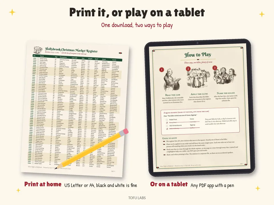 A register page on paper with a pencil, and the how-to-play page on a tablet
