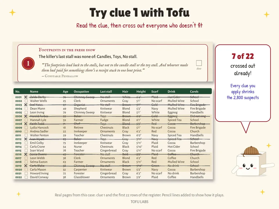 A Find the Killer clue and register page